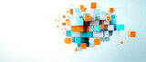 A vibrant arrangement of 3D cubes in blue, orange, and white hues, creating a dynamic and abstract visual effect on a light background.