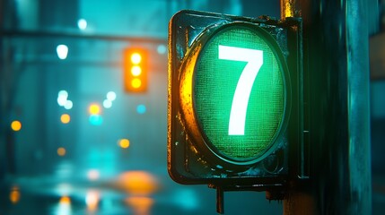 Poster - Contemporary green traffic signal number seven illuminates a rainy nighttime city : Generative AI