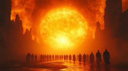 Wall Mural - A group of people are walking in front of a large orange sun