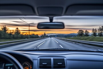Poster - Long Road Drive at Sunset Captured Through Car Windshield with Forested Surroundings : Generative AI