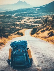 Aufkleber - Travelers backpack on empty road surrounded by mountains at sunset in a remote area. Generative AI