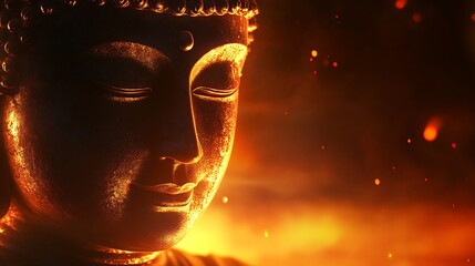 Aufkleber - Buddha Face in Warm Ember Glow Reflecting Serenity and Tranquility in Spiritual Art Expression : Generative AI