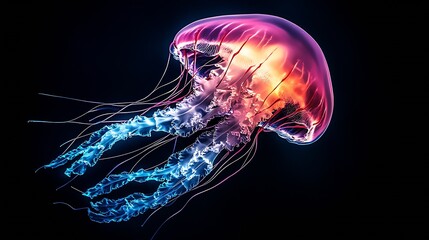 Poster - Vibrant Glowing Jellyfish with Luminescent Colors in Deep Ocean Water : Generative AI