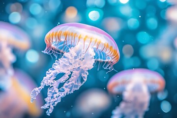 Poster - Vibrant Jellyfish Floating Gracefully in Blue Ocean Water with Light Bokeh Effects : Generative AI