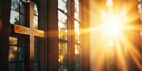 Wall Mural - A serene moment in a church during Easter, where sunlight filters through stained glass, illuminating a wooden cross, creating a divine atmosphere that inspires reflection and peace