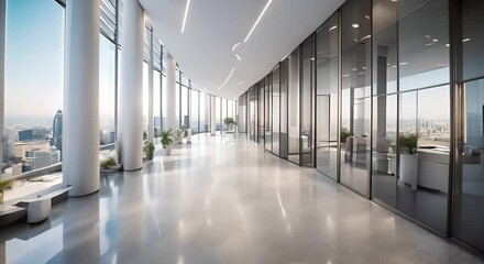 Canvas Print - Bright Modern Office Hallway with City Views and Polished Concrete Floors 4K