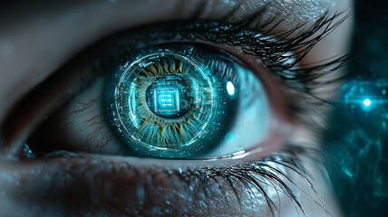 Wall Mural - close-up of a human eye with a digital interface superimposed, representing the intersection of tech