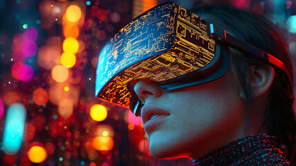Wall Mural - an individual immersed in virtual reality on a digital landscape, highlighting the intersection of t