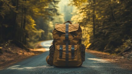 Poster - Travelers backpack rests on a quiet forest road surrounded by tall trees and soft golden light during the afternoon. Generative AI