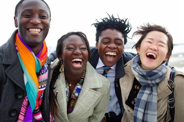 Wall Mural - Group of friends laughing and having fun together. Cheerful african american and caucasian people.