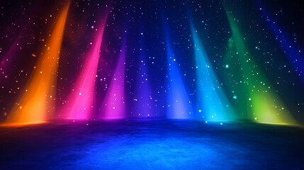 Wall Mural - vibrant spectrum. abstract radiant light beams emanating from a multicolored horizon against a deep 