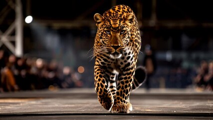 Canvas Print - A leopard walks confidently forward. AI.