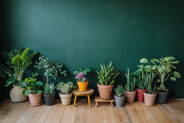 Elegant indoor plants in modern decorative pots against a vibrant green wall background for home decor, gardening inspiration, and interior design concepts