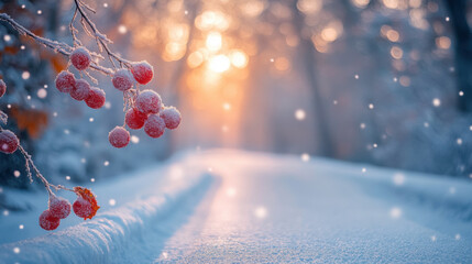 Wall Mural - Frost covered berries. Bright winter sunlight, cold weather. Bokeh background.