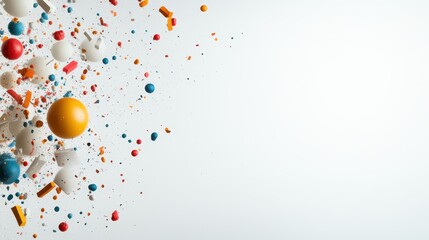 Poster - Brightly colored 3D geometric shapes burst against a light background, conveying movement, playfulness, and modern artistic exploration in an abstract style.
