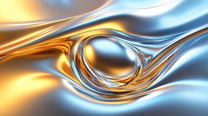 Aufkleber - Fluid movement creates a mesmerizing abstract 3D design with golden and silver tones in modern digital art. Generative AI