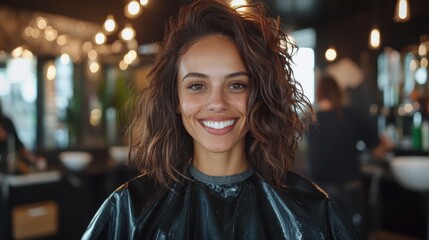 A young woman with curly hair smiles broadly while wearing a salon cape, set against a warmly lit, stylish salon interior highlighting the trendy ambiance.