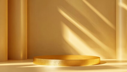 Poster - Golden Round Pedestal in Sunlit Room, Minimalist Product Display