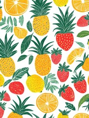 Aufkleber - Vibrant tropical fruit pattern featuring pineapples, strawberries, and citrus on a bright background. Generative AI