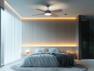 A ceiling fan with integrated lighting, featuring an elegant switch for easy operation, suspended from a stylish ceiling.