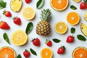 Wall Mural - Vibrant arrangement of tropical fruits including pineapple, strawberries, lemons, and oranges on a light surface. Generative AI