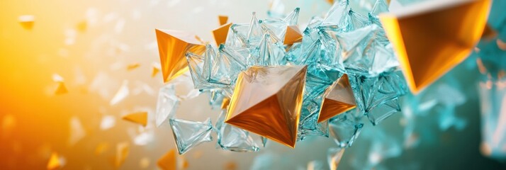 Poster - Intricate abstract 3D composition featuring translucent shapes and pyramids in a dynamic arrangement under warm illumination. Generative AI
