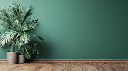 Wall Mural - Lush tropical plants in pots against a teal wall.