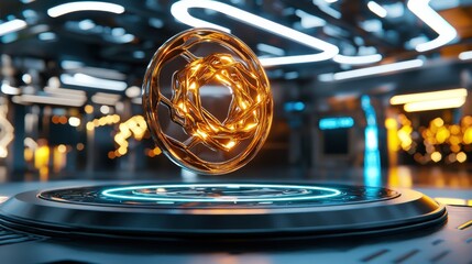 Poster - Levitating Glowing Glass Sphere in Futuristic Digital Studio