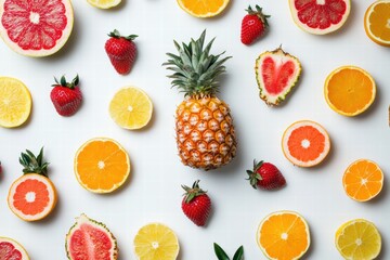 Poster - Vibrant pattern of tropical fruits arranged on a white surface creating a colorful and refreshing display. Generative AI