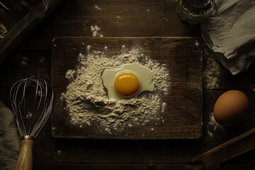 Aufkleber - Wooden board with flour and cracked egg ready for baking in a rustic kitchen setting. Generative AI