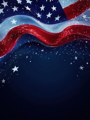 Poster - Flowing fabric texture of the American flag with sparkling stars and rich colors on a dark background. Generative AI