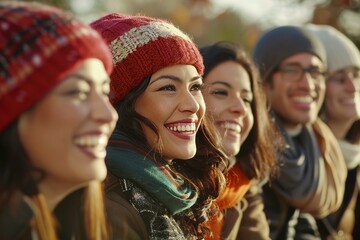 Wall Mural - Group of happy friends having fun in the park during autumn season.