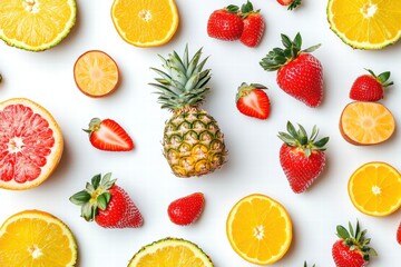 Aufkleber - Vibrant arrangement of tropical fruits including pineapple, strawberries, oranges, and grapefruit on a bright background. Generative AI