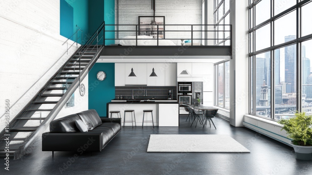 Modern loft apartment with open floor plan, kitchen, living area, and ...