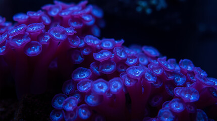 Poster - Purple coral polyps under blue light. Underwater macro photography.