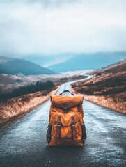 Poster - Travelers backpack left on a winding road through mountains under cloudy sky. Generative AI