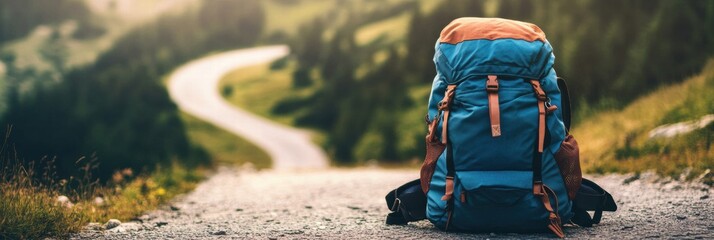 Poster - Travelers backpack rests on winding road surrounded by lush green mountains during golden hour. Generative AI
