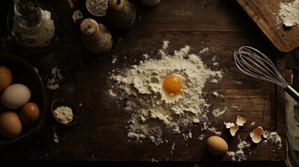 Poster - Creative baking setup with wooden board flour and cracked egg in rustic kitchen. Generative AI