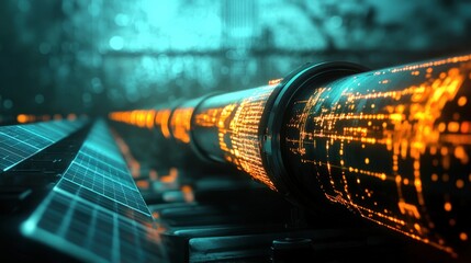 Poster - Futuristic Data Transmission Pipeline Illuminated by Neon Light, Showcasing a Blend of Technology and Nature with Solar Panels and Glowing Data Streams