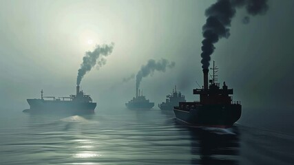 Poster - several cargo ships emit dark smoke as they navigate through calm, foggy waters during a hazy sunris