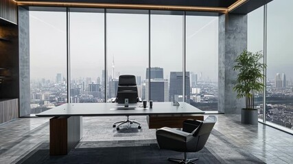 Poster - Natural light illuminates a modern executive office, complete with a sleek desk, comfortable chair, and a stunning cityscape visible through expansive windows