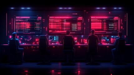 Cyber security team monitoring digital data streams in dark control room.