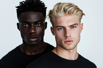 Wall Mural - Portrait of Two Diverse Male Models with Distinctive Features and Hairstyles Against Light Background, Emphasizing Unity in Diversity and Individuality