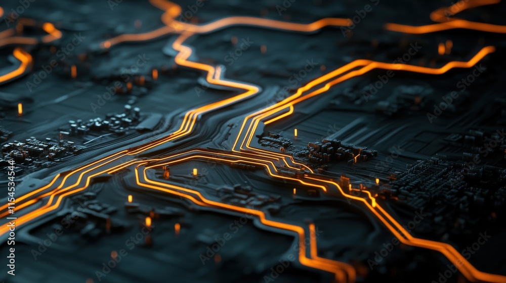 Abstract Digital Circuit Board with Glowing Orange Lines and Dark ...