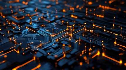 Aufkleber - Abstract Digital Technology Background Featuring Glowing Orange Circuitry on a Dark Base with Complex Patterns for Futuristic Design Themes and Innovations