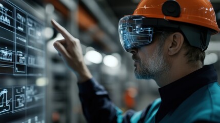Aufkleber - Man in Safety Helmet Using Augmented Reality Glasses to Interact with Virtual Displays in a Modern Industrial Manufacturing Environment
