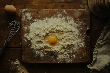 Aufkleber - Top view of a rustic wooden board with scattered flour and a cracked egg ready for baking in a cozy kitchen. Generative AI