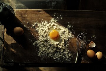 Aufkleber - Wooden board filled with flour and a cracked egg ready for baking on a sunny kitchen counter. Generative AI