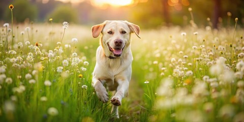 Wall Mural - A playful labrador runs through a lush meadow of flowers on a sunny summer day amidst the tall grass, labrador, golden retriever