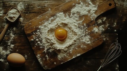 Aufkleber - Wooden board with scattered flour and cracked egg preparation for baking at a cozy kitchen setting. Generative AI